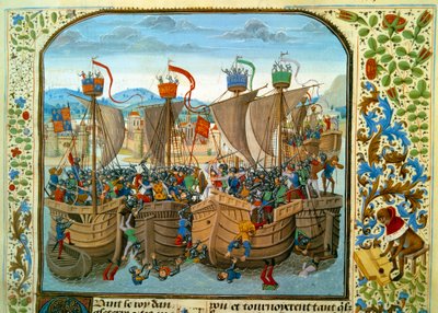 Guerra dos Cem Anos: "A batalha naval dos Eclusos, Sluis (Holanda) em 20/06/1340 que opôs o francês Philippe VI de Valois ao inglês de Edward III" Miniatura tirada de "Chronicles" por Jean Froissart (1337-1400) do século XV. Paris. B.N de Unknown artist