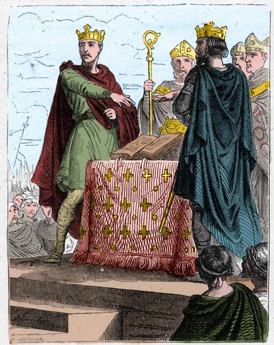 Guerra dos Cem Anos: trata Bretigny a 8 de Maio de 1360, no castelo de Bretigny (perto de Chartres), entre os plenipotenciários do Rei Eduardo III de Inglaterra e os de Carlos, filho do Rei João II de França. de Unknown artist