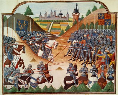 Guerra dos Cem Anos: a batalha de Formigny (Calvados) em 15/04/1450 entre o exército inglês de Thomas Kyriell e Jean de Clermont. Miniatura iluminada a partir do manuscrito "Vigiles du roi Charles VII" nas crônicas de Jean Chartier, editado por Mar de Unknown artist