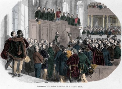 Revolução Húngara de 1848: Primeira reunião da Assembleia Nacional na Hungria, a 5 de Julho de 1848. Gravura em "Hungary Historique by J. Boldenyi Paris 1853". de Unknown artist