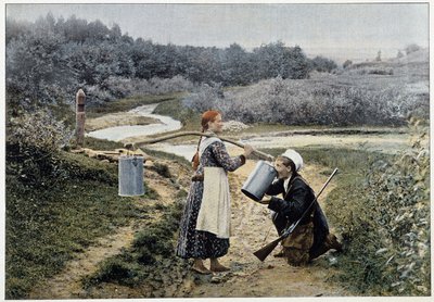 Hunter and girl at the fountain (Rússia) - fotografia, final do século XIX de Unknown artist