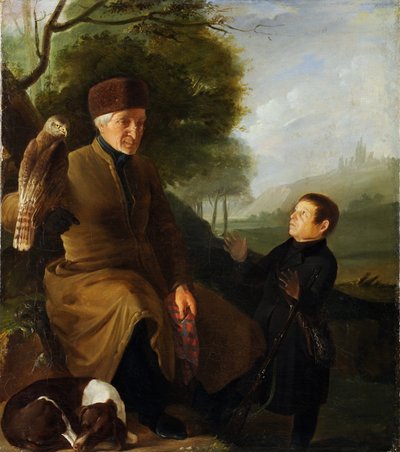 Caçador com falcão. Retrato do Príncipe Platão Alexandrovich Zubov (1767-1822) e Ivan Andreevich Yakubovsky (1770-1864), Anónimo. Óleo sobre tela, fim dos anos 1810, Museu Estadual de Arquitetura, História e Arte, Vladimir de Unknown artist
