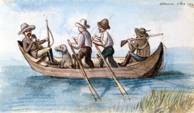 Caçadores nas casas de caça. Desenho de Unknown artist