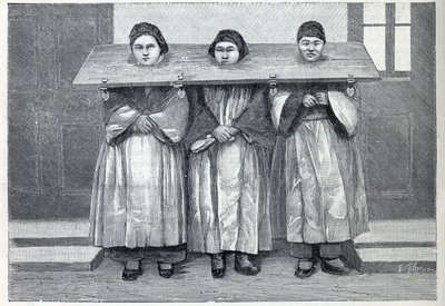 A caça na China: a canga, um aparelho de tormento (uma espécie de pelourinho) aplica-se às mães infanticidas. Gravura em "La Nature". de Unknown artist