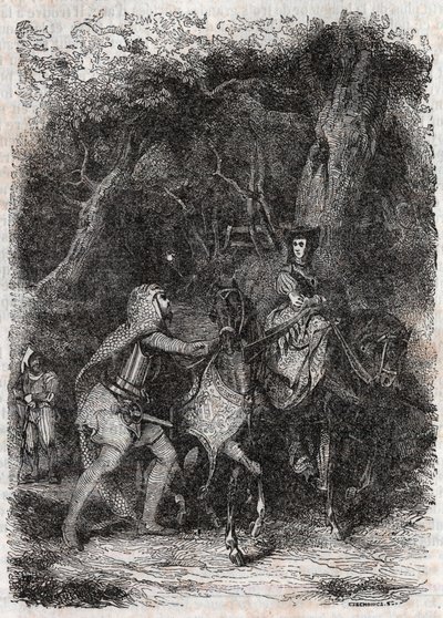 Hypalca Arreted by Rodomont - Gravura de 1851 de "Furious Roland" (Orlando furioso) (século XVI) de Ludovico Ariosto, conhecido como Ariosto - Edição traduzida do italiano pelo Conde de Tressan e publicada por Gustave Harvard 1851 de Unknown artist