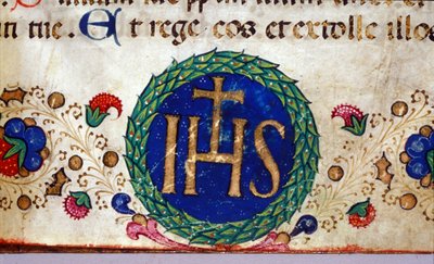 IHS símbolo cristão cujo significado é Jesus. Manuscrito do século XV. de Unknown artist