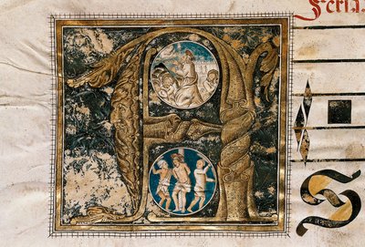 Carta iluminada da pregação de Jesus perante os apóstolos e a flagelação, retirada de um manuscrito de cânticos litúrgicos de Unknown artist