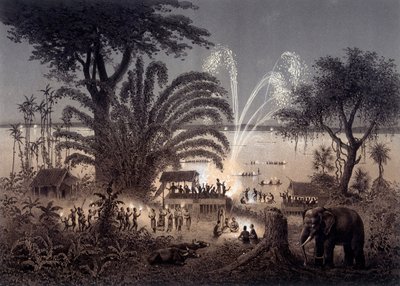 Iluminação do rio durante o Festival de Bassac, no Laos siamês. No "Atlas da viagem de exploração na Indochina realizada durante os anos 1866-1868" publicado sob a direção de F. Garnier 1873. de Unknown artist