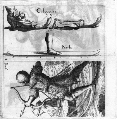 Prancha ilustrada representando um tipo antigo de esqui. Gravura do final do século XVII. de Unknown artist
