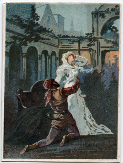 Ilustração de "Ernani" do compositor italiano Giuseppe Verdi (1813 - 1901), ato 2, cena IV de ópera criada em 1844 após a tragédia "Hernani" de Victor Hugo. Cromolitografia do final do século XIX. de Unknown artist