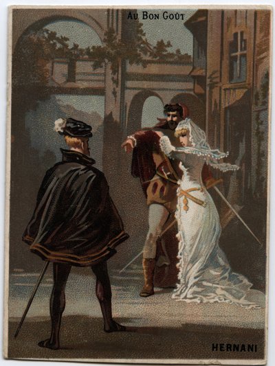 Ilustração de "Ernani" do compositor italiano Giuseppe Verdi (1813 - 1901), ópera criada em 1844 após a tragédia "Hernani" de Victor Hugo. Cromolitografia do final do século XIX. de Unknown artist