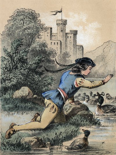 Ilustração dos contos de Franz Hoffmann "Contos e Fábulas - Os 3 príncipes": Um príncipe a receber uma chave de um pato. Cromolitografia do século XIX. de Unknown artist