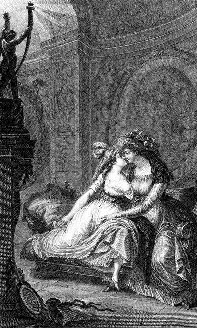 Ilustração de "The dangerous links" de Choderlos de Laclos (1741 - 1803): cena da libertinagem entre duas mulheres. de Unknown artist