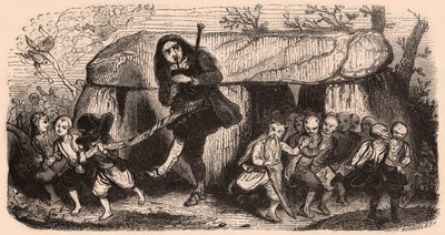 Ilustração de uma lenda segundo as tradições bretãs: o tocador de gaita de foles Lao e duendes dançando na frente de um dólmen de Unknown
