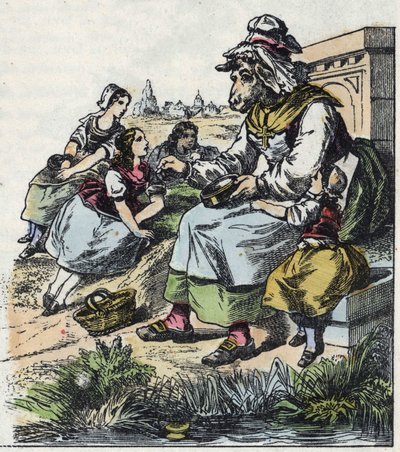 Ilustração do conto "Good Mom Mom Sheep". Em "Contos da casa para os pequenos". Gravura anónima do século XIX. de Unknown artist