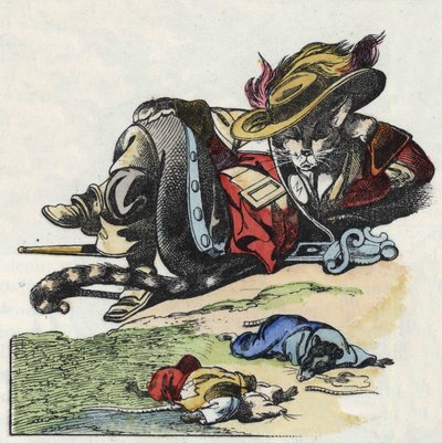 Ilustração do conto "O terrível personagem Raminagrobis e os ratos" desenha fábulas de Jean de la Fontaine. Em "Contos da casa para os pequenos". Gravura anónima do século XIX. de Unknown artist