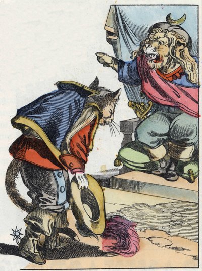 Ilustração do conto "O terrível personagem Raminagrobis e os ratos" desenha fábulas de Jean de la Fontaine. Em "Contos da casa para os pequenos". Gravura anónima do século XIX. de Unknown artist