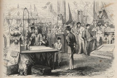 O príncipe imperial Eugene Louis Joseph (1856-1879), na festa de Fontainebleau. Ele tenta decoificar uma marionete com a ajuda de uma bola pendurada num cordel. Gravura em "O Universo ilustre". de Unknown artist