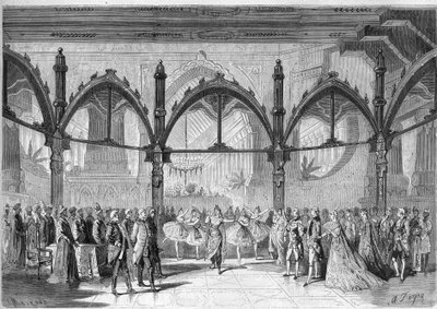 Teatro Imperial da Ópera Cómica: Cena IV, Acto II da ópera "O Primeiro Dia da Felicidade" de Daniel Francois Esprit Auber (1782-1871). Gravura em "O Universo Ilustre". de Unknown artist