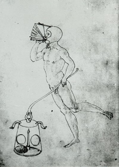 Em um volume de Francesco di Giorgio aparece este desenho retratando um fole para respirar debaixo d