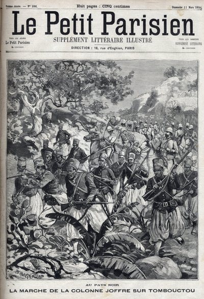 Nas colônias francesas: a marcha da coluna do general Joseph Joffre (1852-1931) e seu exército de spahis em Timbuktu (Mali). Gravura em "Le Parisien". de Unknown artist