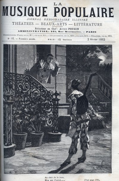Ao luar, uma representação da canção popular. Arlequim na varanda de Pierrot, à luz da lua. de Unknown artist