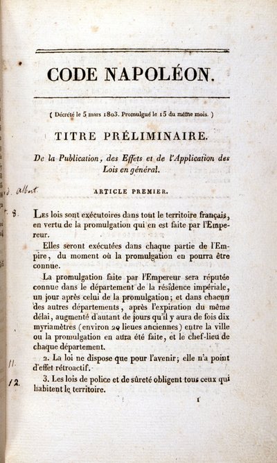Incipito do Código Napoleônico (Código Civil). de Unknown artist