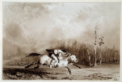 Índio da América: "Um cavalo galopando carregando um homem amarrado" Desenho anônimo. Século XIX La Rochelle, Musee du Nouveau Monde de Unknown artist