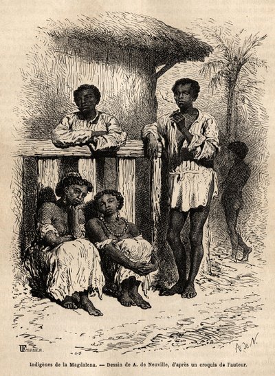 Povos indígenas da Magdalena (rios), nas ruas da cidade de Mompox (Colômbia). Gravura para ilustrar a viagem a Nova Granada, pelo Dr. Saffray, em 1869, publicada em "Le tour du monde" 1872, editada por Edouard Charton, edição Hachette, de Unknown artist