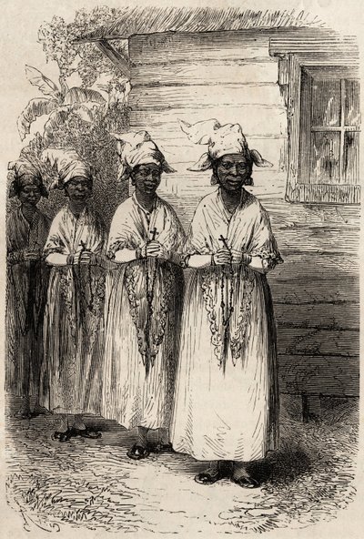 Mulheres indígenas da Guiana, na procissão católica do Fete Dieu. Gravura para ilustrar a viagem na Guiana Francesa em 1862-1863, de Frederic Bouyer, capitão de fregate, no "Le tour du monde, nouveau journal des voyages", publicado sob o dir de Unknown artist