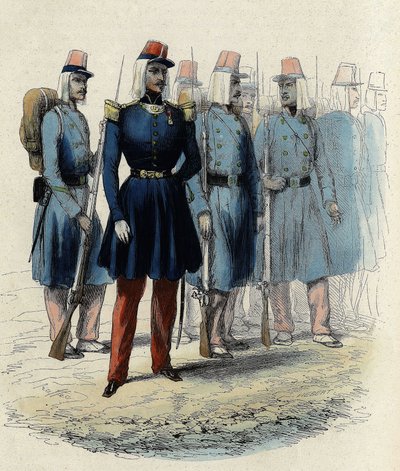 Infantaria do exército francês em 1830 na Argélia, oficial, sargento e soldados, In "L