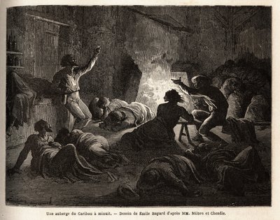 Dentro de um Caribou Inn (Canadá), à meia-noite, caçadores e mineiros intoxicados cantam, depois caem no chão, ou adormecem em um cobertor. Gravura para ilustrar a viagem do Atlântico para o Pacífico (route du nord ouest par les terres), em 1862-1864 b de Unknown artist
