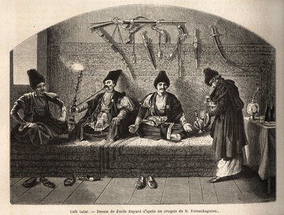 Dentro de um café Tatar em Schoucha (Transcaucasia, Rússia), onde os homens se encontram para tomar chá e fumar narguilé. Gravura para ilustrar a viagem nas províncias do Cáucaso, por Basile Vereschaguine, em 1864-1865, publicada em "le tour du monde", sob de Unknown artist