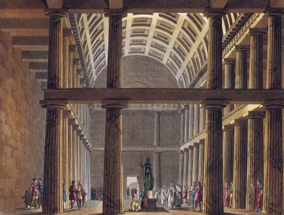 Interior do Pártenon - Estátua da deusa Atena (Minerva) dentro do Pártenon de Atena, Grécia Antiga - Gravura por volta de 1820 de Unknown artist