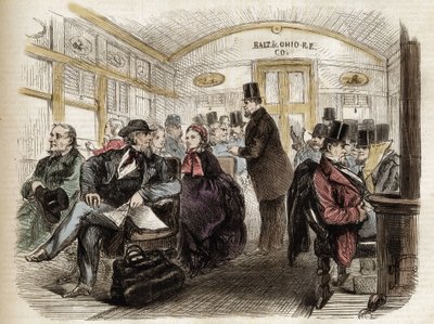 Interior de um vagão na Baltimore & Ohio Railroad, EUA - 1861 - interior de um vagão americano em 1860 de Unknown artist