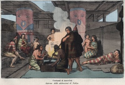 Interior de uma grande casa comunal em Nootka Sound, com os aldeões fumando e secando peixe, dormindo e cuidando das crianças - (Ilha Nootka) - "Interieur d