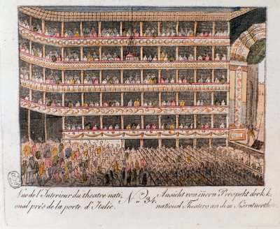 Vista interior do Teatro Nacional perto do Portão Italiano em Viena, Áustria. (Vista interior do Teatro Nacional, Viena, Áustria) a Gravura da Colecção Privada de 1815 de Unknown artist