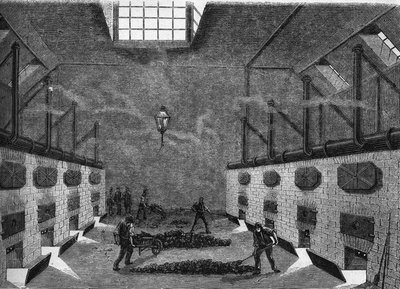 Vista interna de uma fábrica de gás. Gravura de 1860-1861. de Unknown artist