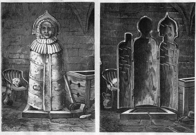 Iron maiden (dispositivo de tortura) - virgem de ferro ou virgem de Nuremberga instrumento de tortura em forma de sarcófago de ferro ou madeira (vergine di Norimberga - eiserne Jungfrau) - gravura de 1881 de Unknown artist