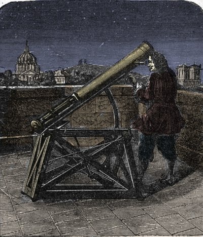 Isaac Newton (1642-1727) físico inglês usando o seu telescópio. de Unknown artist