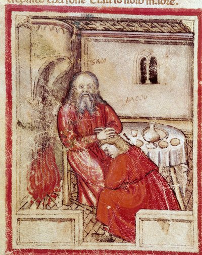Isaac depois de comer o miúdo trazido pelo seu filho Jacob o Benito acreditando que é Esau Miniatura do códice 212 (ou códice padovano ou Bíblia de Pádua) 1390-1400 Rovigo, Accademia dei Concordi de Unknown artist