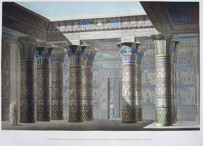 Ilha de Filae: Vista colorida em perspectiva interior, tirada sob o pórtico do Grande Templo - em "Descrição do Egipto", Edições Imperiais de Unknown artist