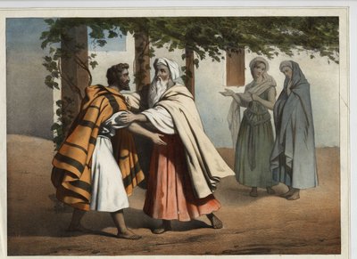 Jacob fugindo da vingança de Esaú seu irmão foi saudado por Laban. Gravura anónima do século XIX. de Unknown artist
