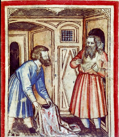 Jacó toma conhecimento da morte de seu filho José, vendido por seus irmãos aos egípcios Miniatura a partir do códice 212 (ou códice padovano ou Bíblia de Pádua) 1390-1400 Rovigo, Accademia dei Concordi de Unknown artist
