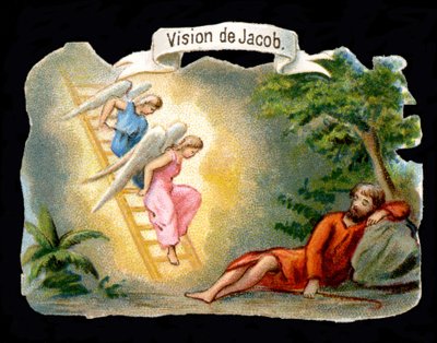 A visão de Jacob representada por anjos que descem do céu por uma escada. Cromolitografia do século XIX. de Unknown artist