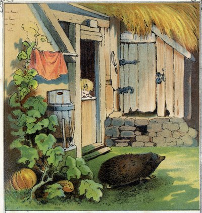 Jacques observa uma herisson a atravessar o pátio da sua casa. Cromolitografia de "Scenes enfantines", Ed. Guerin - Muller por volta de 1885. de Unknown artist