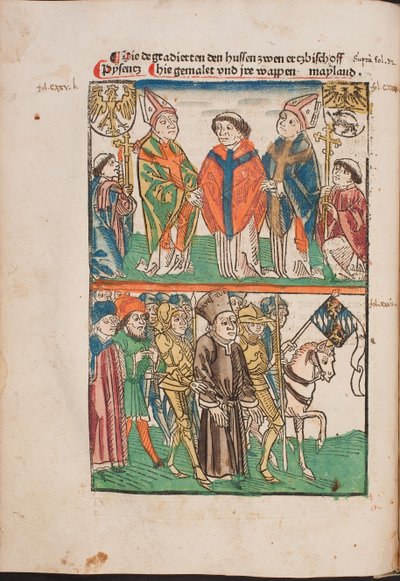 Jan Hus (1365-1415) livre au pouvoir seculier - Jan Hus entregou ao poder secular (Ilustração da crônica ilustrada do Richental), Anônimo . Aquarela e tinta sobre papel de Unknown artist