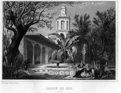 Jardin du dey em Argel, localizado no recinto fortificado do Kasbah (casbah), residência principal do general chefe do exército francês em 1830 - In "L