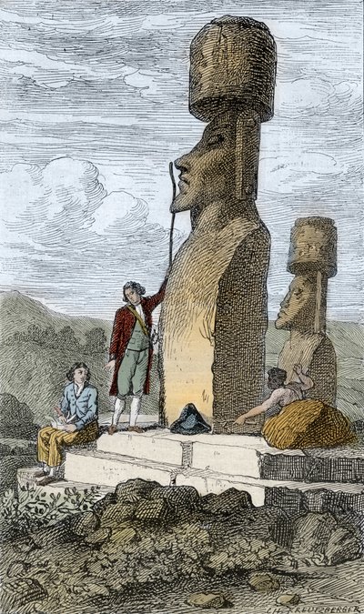 Jean-Francois Galaup, navegador e explorador inglês do Comte de La Perouse, na Ilha de Páscoa, durante a sua viagem pela Ásia de Unknown artist