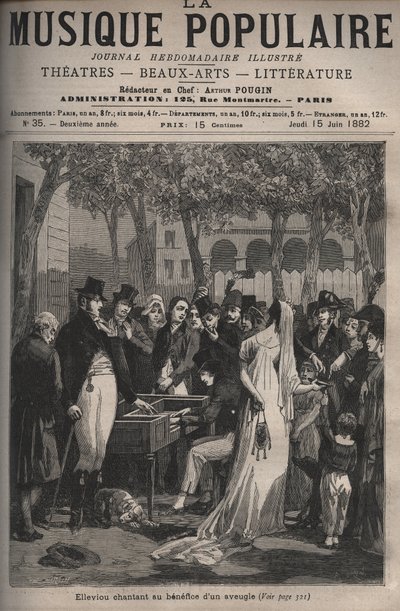 Jean Elleviou, cantor francês, comediante e libretista (1769-1842) cantando em benefício de um cego em 1801 no Champs-Elysees - gravura no jornal semanal "La musique populaire" ilustre - 1882 de Unknown artist